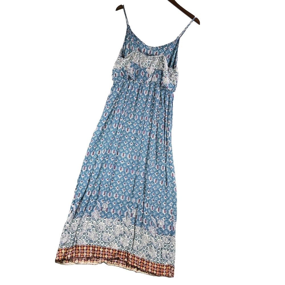 Angie Dress Women L Blue Floral Maxi Boho Cottage Garden Strap Rayon Geometric - Picture 3 of 10